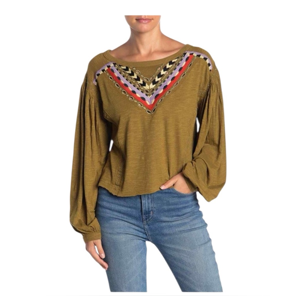 Free people hand me down embroidered blouson sleeve green top size XS.